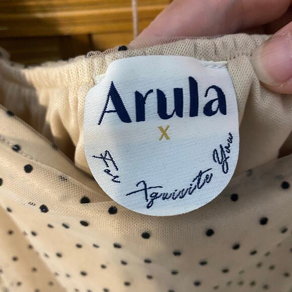 Arula X Swiss Dot Mesh Puff Sleeve Tiered Mini Dress Nude Black Polka Dot XL 14 - Picture 4 of 9